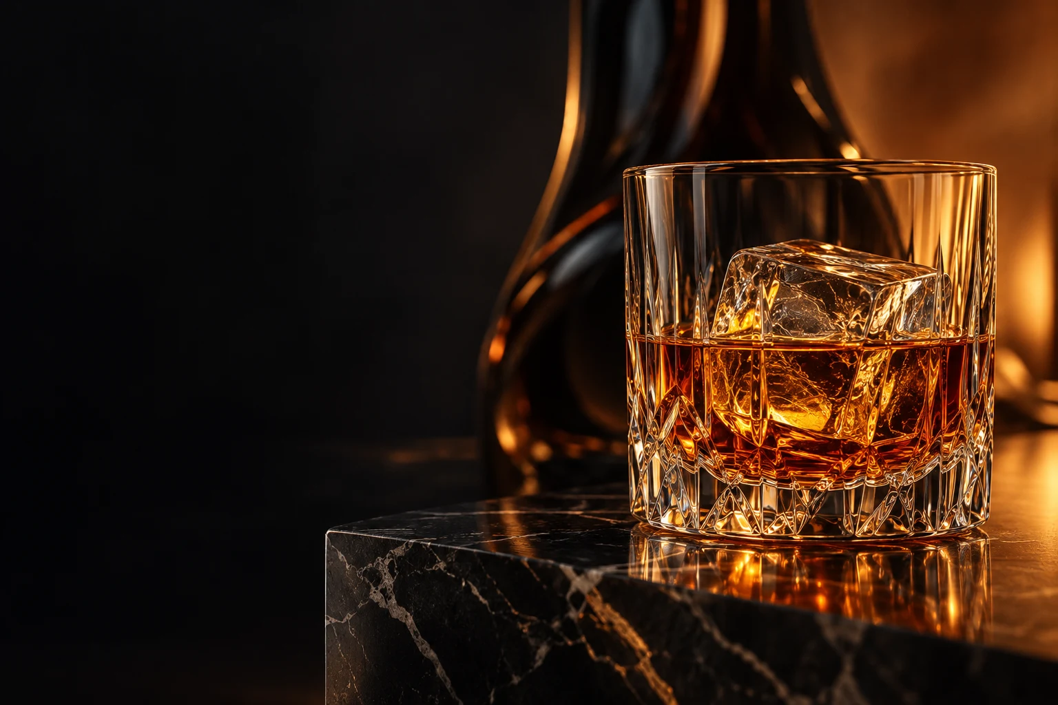 Amber whiskey in a cut-crystal glass, illuminated against a dark background